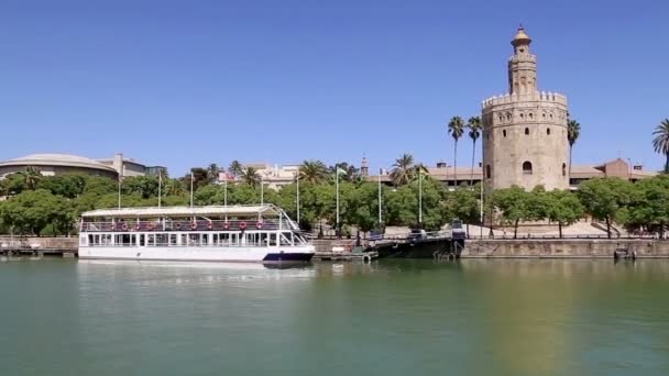 Torre del Oro eller Golden Tower (1200-talet) över Guadalquivir-floden, Sevilla, Andalusien, södra Spanien — Stockvideo