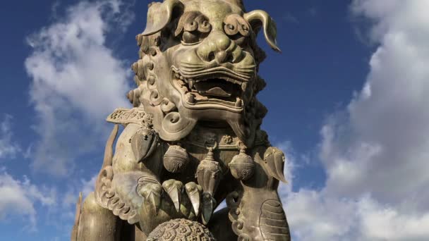 Bronze Guardian Lion Statue in Yonghe Temple (Lama Temple) in Beijing, China — Stock Video