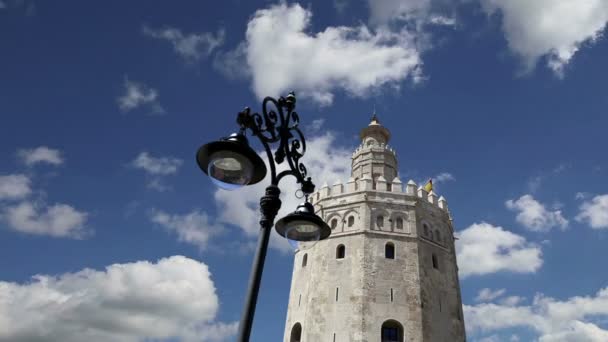 Torre del oro of gouden toren (13e eeuw), een middeleeuwse Arabische militaire dodecagonal wachttoren in Sevilla, Andalusie, Zuid Spanje — Stockvideo