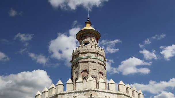 Torre del Oro (siglo XIII), una torre de vigilancia dodecagonal militar árabe medieval en Sevilla, Andalucía, sur de España — Vídeo de stock