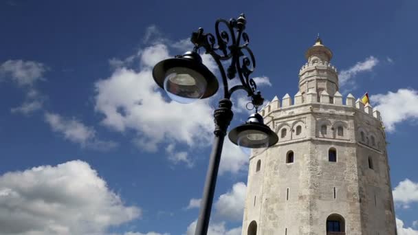 Torre del Oro (siglo XIII), una torre de vigilancia dodecagonal militar árabe medieval en Sevilla, Andalucía, sur de España — Vídeo de stock