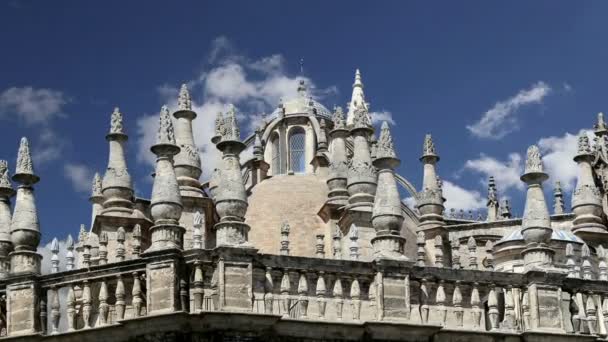 Catedral de Sevilla Catedral de Santa María de la Sede, Andalucía, España es la tercera iglesia más grande del mundo y en su momento de su finalización en el 1500 fue el más grande del mundo . — Vídeo de stock