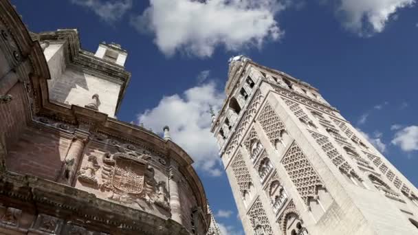 Catedral de Sevilla Catedral de Santa María de la Sede, Andalucía, España es la tercera iglesia más grande del mundo y en su momento de su finalización en el 1500 fue el más grande del mundo . — Vídeo de stock