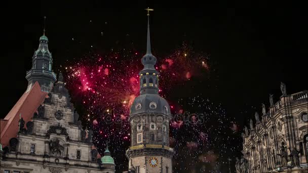 Hofkirche or Cathedral of Holy Trinity and holiday fireworks - baroque church in Dresden, Sachsen, Germany — Stock Video