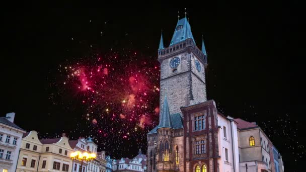 Old Town City Hall and holiday fireworks  in Prague, view from Old Town Square, Czech Republic — Stock Video