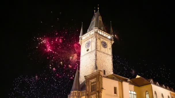 Old Town City Hall and holiday fireworks  in Prague, view from Old Town Square, Czech Republic — Stock Video