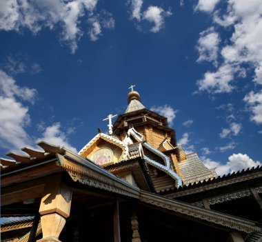 Aziz Nikolaos Kilisesi Izmailovsky Kremlin (Izmailovo Kremlin), Moskova, Rusya. Rus ahşap mimari geleneklerini inşa yeni kilise  