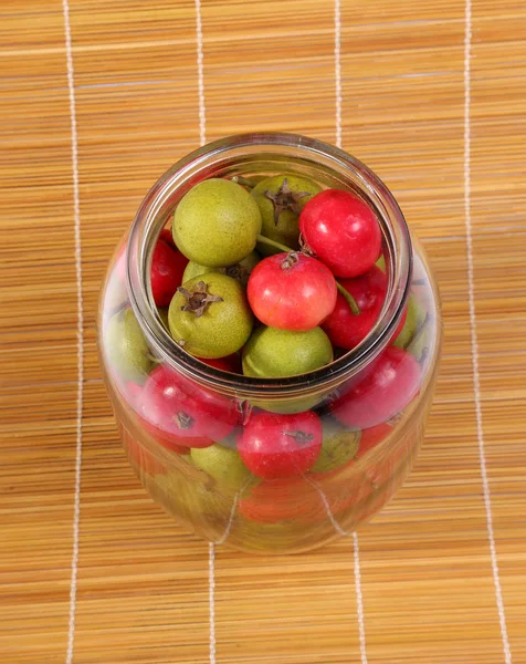 Stillleben mit frischen natürlichen roten Vogelbeeren und kleinen grünen Birnen — Stockfoto