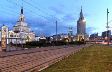 Komsomolskaya Square (night). Moscow, Russia. It is often referred to informally as Three Station Square  thanks to three railway station situated there: Leningradsky, Yaroslavsky and Kazansky  clipart