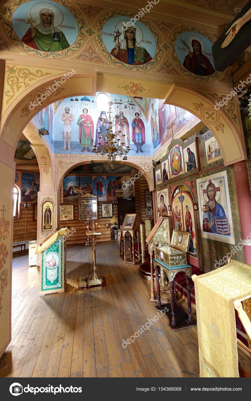 Interior Wooden Orthodox Church In Moscow Russia Stock