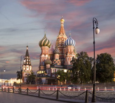 Saint Basil Katedrali (Tapınak, fesleğen mübarek) gece, Kızıl Meydan, Moskova, Rusya