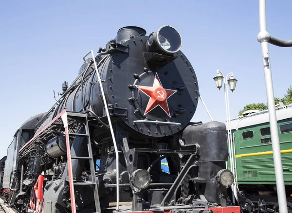 Ancient steam locomotive, Moscow museum of railway in Russia, Rizhsky railway station (Rizhsky vokzal, Riga station)