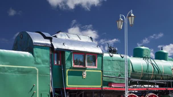 Oude stoom locomotieven, Moscow museum van spoorlijn in Rusland, Rizhsky treinstation (Rizhsky vokzal, Riga station) — Stockvideo