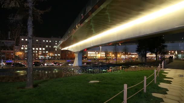 Drijvende brug van Zaryadye park (in de nacht) op Moskvoretskaya dijk van de rivier Moskva in stad van Moskou, Rusland. Het park werd ingehuldigd op 9 September 2017 — Stockvideo