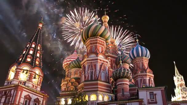 Cathedral of Intercession of Most Holy Theotokos on the Moat ( Temple of Basil the Blessed) and fireworks,  Red Square, Moscow, Russia — Stock Video