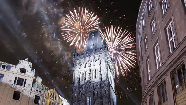 Powder tower (gate) and holiday fireworks in Prague,Czech Republic.It is one of the original city gates, dating back to the 11th century. It is one of the symbols of Prague leading into the Old Town — Stock Video