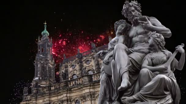 Sculpture Bruhl Terrace Hofkirche Cathedral Holy Trinity Holiday Fireworks Baroque — Stock Video