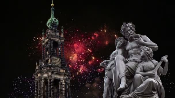 Sculpture Bruhl Terrace Hofkirche Cathedral Holy Trinity Holiday Fireworks Baroque — Stock Video