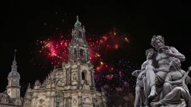 Escultura Terraza Bruhl Hofkirche Catedral Santísima Trinidad Fuegos Artificiales Vacaciones — Vídeo de stock