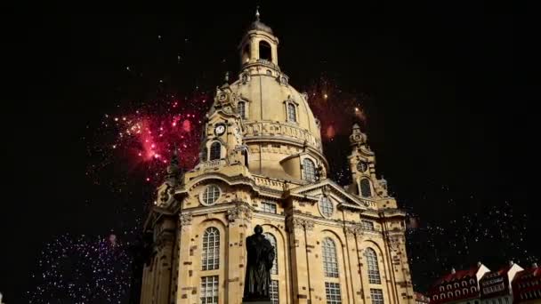 Dresda Frauenkirche Letteralmente Chiesa Nostra Signora Fuochi Artificio Festivi Una — Video Stock