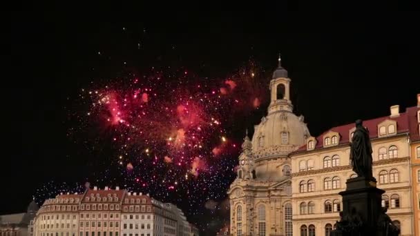 Dresda Frauenkirche Letteralmente Chiesa Nostra Signora Fuochi Artificio Festivi Una — Video Stock