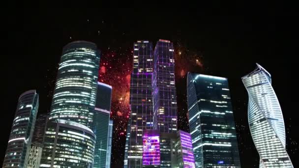 Фейерверк Над Небоскребами Международного Бизнес Центра Москва Россия — стоковое видео