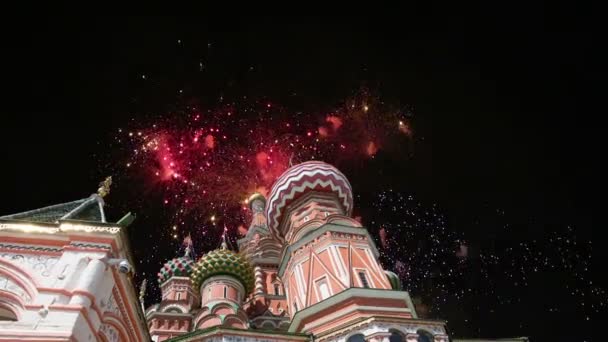 Cathedral Intercession Most Holy Theotokos Moat Temple Basil Blessed Fireworks — Stock Video