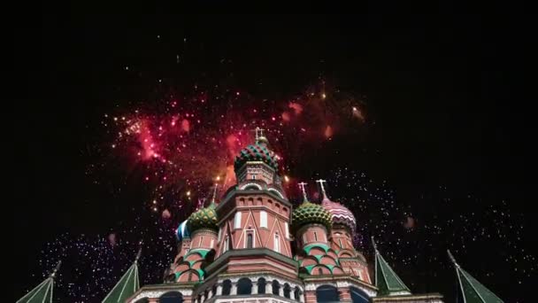 Cathedral Intercession Most Holy Theotokos Moat Temple Basil Blessed Fireworks — Stock Video