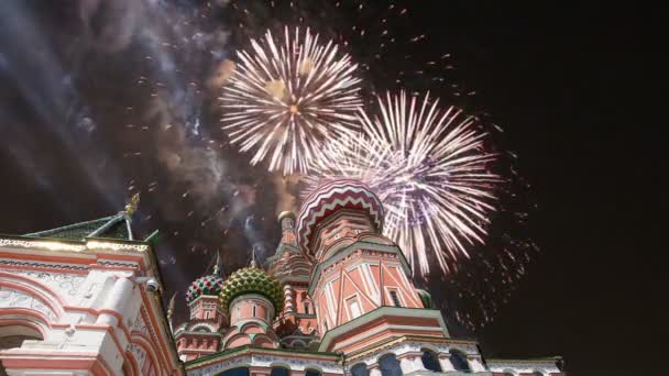 Cathedral Intercession Most Holy Theotokos Moat Temple Basil Blessed Fireworks — Stock Video