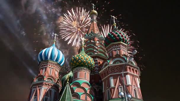 Catedral Intercesión Santísima Theotokos Foso Templo Basilio Bendito Fuegos Artificiales — Vídeos de Stock