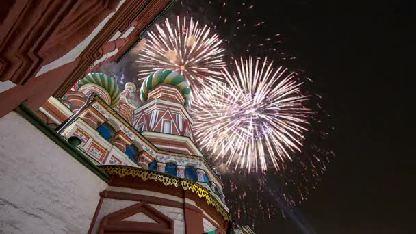 Catedral Intercesión Santísima Theotokos Foso Templo Basilio Bendito Fuegos Artificiales — Vídeos de Stock