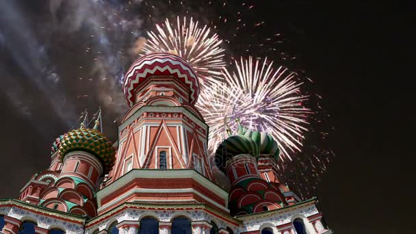 Cathedral Intercession Most Holy Theotokos Moat Temple Basil Blessed Fireworks — Stock Video