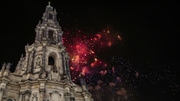 Hofkirche Nebo Katedrála Nejsvětější Trojice Svátek Ohňostrojů Barokní Kostel Drážďany — Stock video