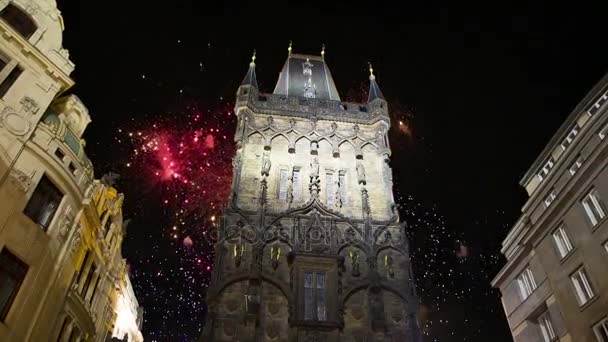 Powder Tower Gate Holiday Fireworks Prague Czech Republic One Original — Stock Video