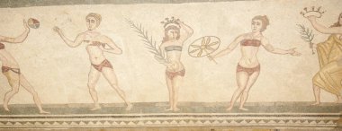Sicilya, İtalya-03 Mayıs 2011: Mozaik parçası Roma Villa Romana del Casale, Sicilya, UNESCO Dünya Miras Listesi