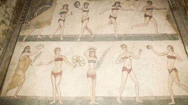 SICILY, ITALY- MAY, 03 2011: Mosaic fragment Roman Villa Romana del Casale, Sicily, UNESCO World Heritage Site clipart