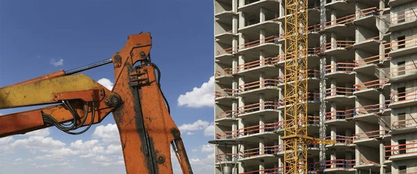 Nşaat Makinaları Yüksek Ağır Inşaat Makine Yapım Aşamasında Binanın Arka — Stok fotoğraf