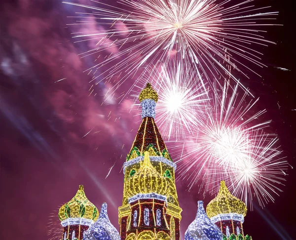 Fuegos Artificiales Durante Navidad Vacaciones Año Nuevo Decoración Moscú Por — Foto de Stock