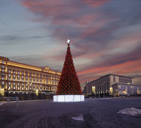 Christmas New Year Holidays Decoration Lubyanskaya Lubyanka Square Evening Moscow — Stock Photo, Image