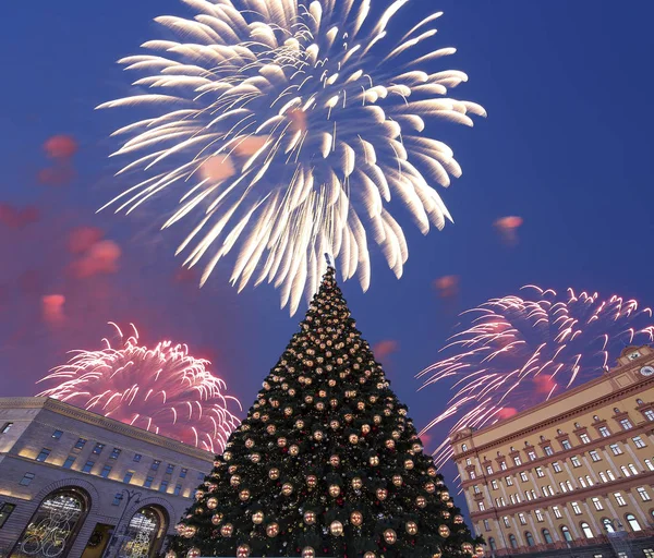 Feux Artifice Sur Décoration Noël Vacances Nouvel Place Loubyanskaya Loubyanka — Photo