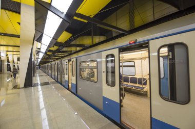 Moskova, Rusya - 03 Mart 2018: Shelepikha--Moskova Metrosu, Rusya Bolshaya Koltsevaya ve Kalininsko-Solntsevskaya hatları üzerinde bir istasyonu bulunmaktadır. 26 Şubat 2018 açıldı