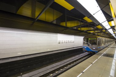 Moskova, Rusya - 03 Mart 2018: Shelepikha--Moskova Metrosu, Rusya Bolshaya Koltsevaya ve Kalininsko-Solntsevskaya hatları üzerinde bir istasyonu bulunmaktadır. 26 Şubat 2018 açıldı