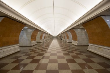 Park Pobedy--Moskova metrosu metro istasyonu, Russia.It olan iki satırda: Arbatsko-Pokrovskaya ve Kalininsko-Solntsevskaya Lines.At 84 metre underground... en derin dünya 