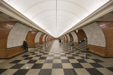 Moskova, Rusya - 03 Mart 2018: Metro Park Pobedy--Moskova Metrosu, Russia.It iki satırda kanalıdır: Arbatsko-Pokrovskaya ve Kalininsko-Solntsevskaya Lines.At 84 metre underground... en derin dünya 