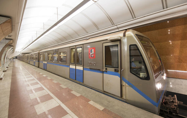 MOSCOW, RUSSIA- MARCH 03, 2018: Metro station Park Pobedy-- Moscow Metro, Russia.It is on two lines: Arbatsko-Pokrovskaya and  Kalininsko-Solntsevskaya Lines.At 84 metres underground-- one of the deepest in the world 