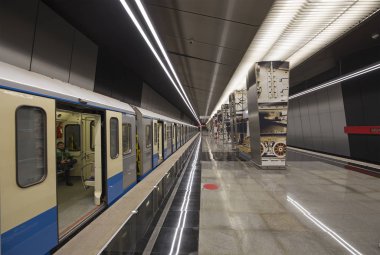 Moskova, Rusya - 03 Mart 2018: Metro İstasyonu Minskaya..., Kalininsko-Solntsevskaya hatta Moskova Metrosu, Rusya bir kanalıdır. 16 Şubat 2017 açıldı 