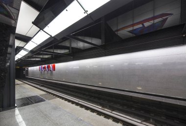 Moskova, Rusya - 03 Mart 2018: Metro İstasyonu Cska--Moskova Metrosu, Rusya Kalininsko Solntsevskaya satırındaki bir istasyon uzaklıktadır. 26 Şubat 2018 açıldı