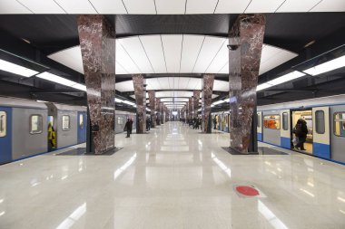 Moskova, Rusya - 03 Mart 2018: Metro İstasyonu Khoroshyovskaya--Moskova Metrosu, Rusya Kalininsko Solntsevskaya satırındaki bir istasyonu uzaklıktadır. 26 Şubat 2018 açıldı  