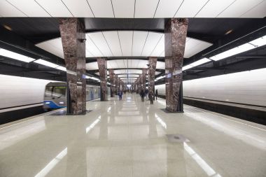 Moskova, Rusya - 03 Mart 2018: Metro İstasyonu Khoroshyovskaya--Moskova Metrosu, Rusya Kalininsko Solntsevskaya satırındaki bir istasyonu uzaklıktadır. 26 Şubat 2018 açıldı  