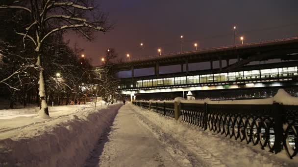 Rivier Moskva Luzhnetskaya Brug Metro Brug Een Winteravond Moskou Rusland — Stockvideo